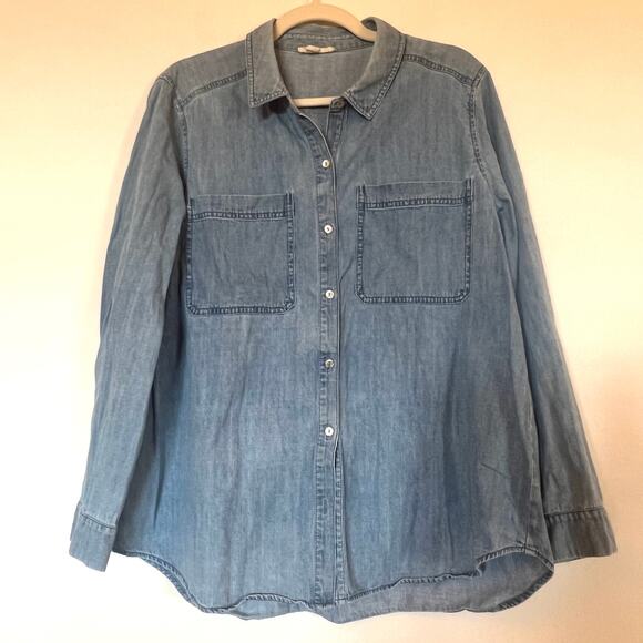 Eileen Fisher 100% Organic Cotton Long Sleeve Button Down Large Chambray Denim - Picture 1 of 7